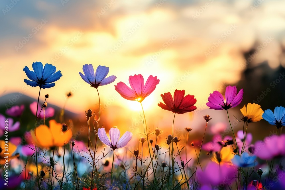 Wildflower meadow swaying under a golden sunset, colorful blossoms stretching to the horizon, soft and warm nature background Wildflower meadow swaying under a golden sunset, colorful blossoms stretching to the horizon, soft and warm nature background