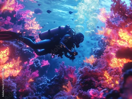 Wallpaper Mural A scuba diver exploring a glowing holographic coral reef with neon-lit marine life, blending underwater exploration with technology, Sci-Fi, 3D Render, Cool tones Torontodigital.ca