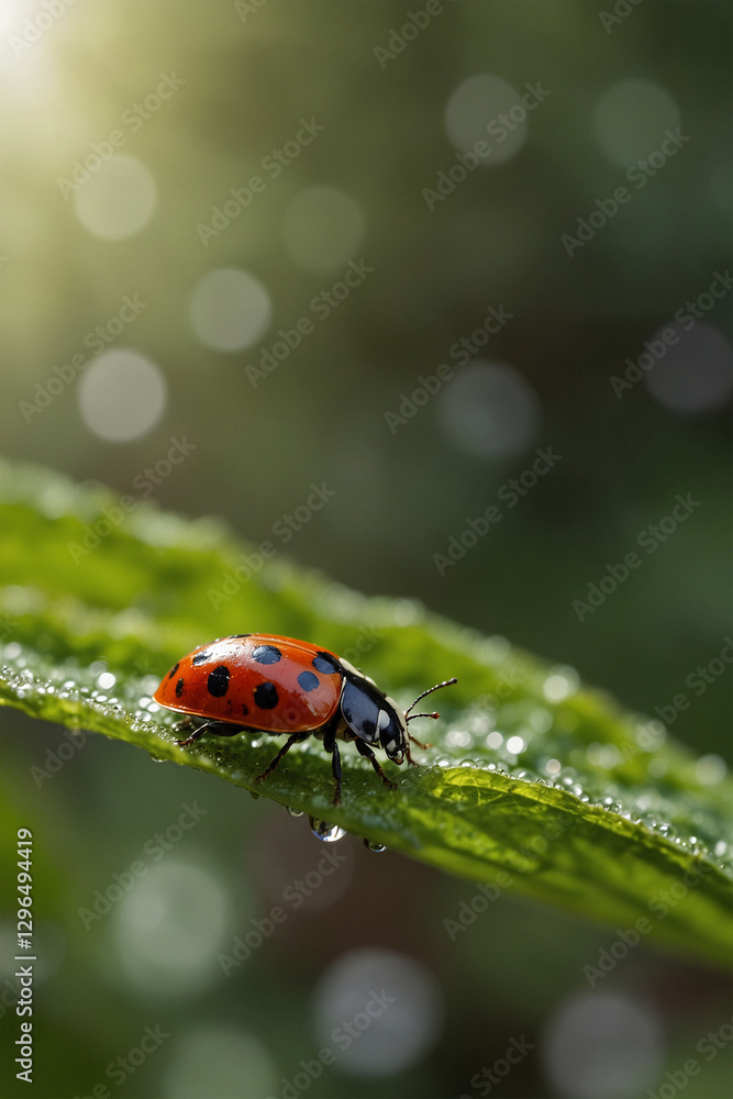 Fototapeta premium A macro shot of a ladybug, showcasing its vibrant red shell with black spots, perched delicately on a green leaf, highlighting nature's tiny wonders