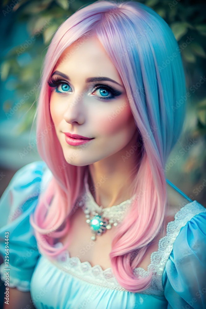 Timeless Elegance: Close-Up of Saira in Victorian Blue with Bubblegum-Pink Hair and Dreamlike Aura Timeless Elegance: Close-Up of Saira in Victorian Blue with Bubblegum-Pink Hair and Dreamlike Aura