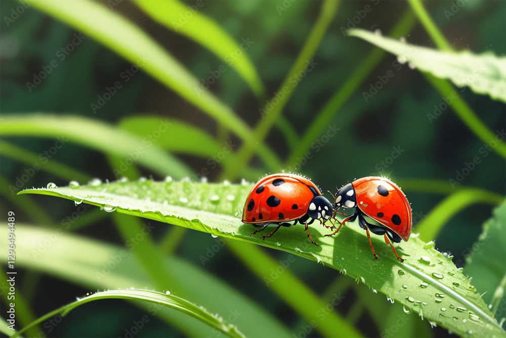 A macro shot of a ladybug, showcasing its vibrant red shell with black spots, perched delicately on a green leaf, highlighting nature's tiny wonders A macro shot of a ladybug, showcasing its vibrant red shell with black spots, perched delicately on a green leaf, highlighting nature's tiny wonders