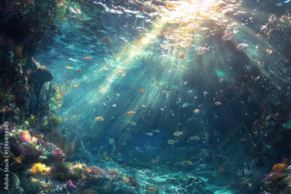 Obraz premium Beneath surface, vibrant coral reefs and colorful fish thrive in serene underwater world illuminated by gentle sunlight. tranquil scene evokes sense of peace and wonder