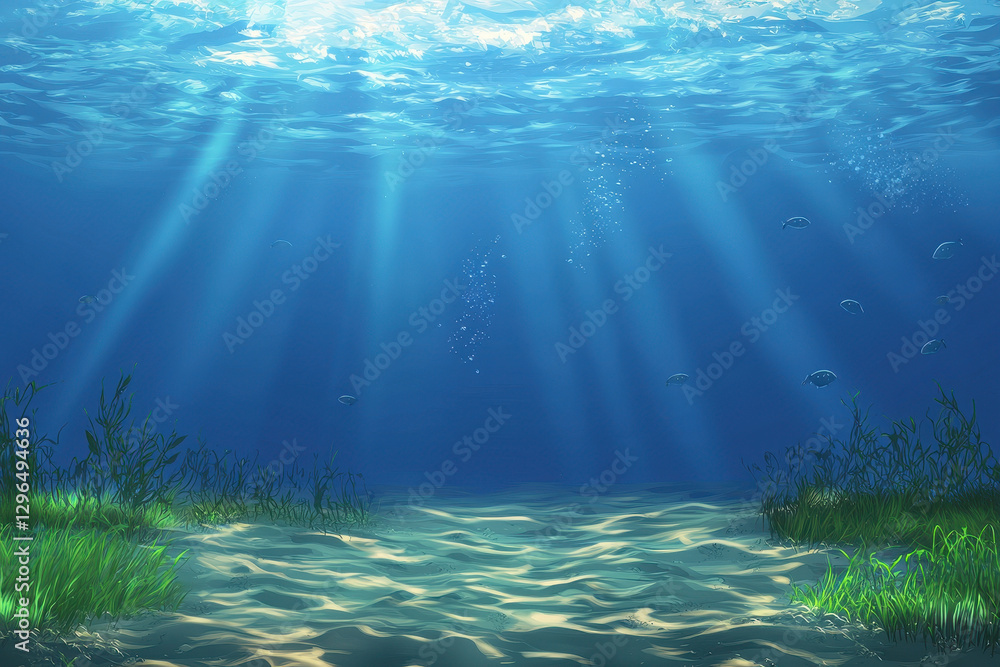 Obraz premium Underwater scene with gentle waves, sunlight rays, and aquatic plants creating serene atmosphere. tranquil blue water enhances peaceful underwater environment