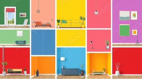 A collage showcases diverse room designs with various colored walls, furniture pieces sofas, daybeds, consoles, plants, and decor. Each scene offers a unique style and color palette.