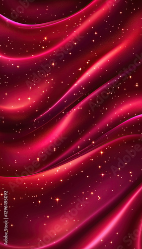 Luxurious red satin fabric featuring smooth waves and sparkling stars, ideal for backgrounds or textile designs.