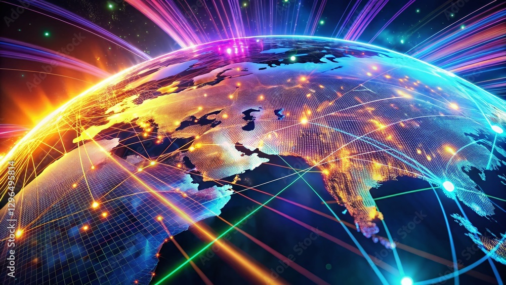 Fototapeta premium Global Internet Traffic Hologram: 3D Data Visualization Display Showing Real-Time Worldwide Network Activity