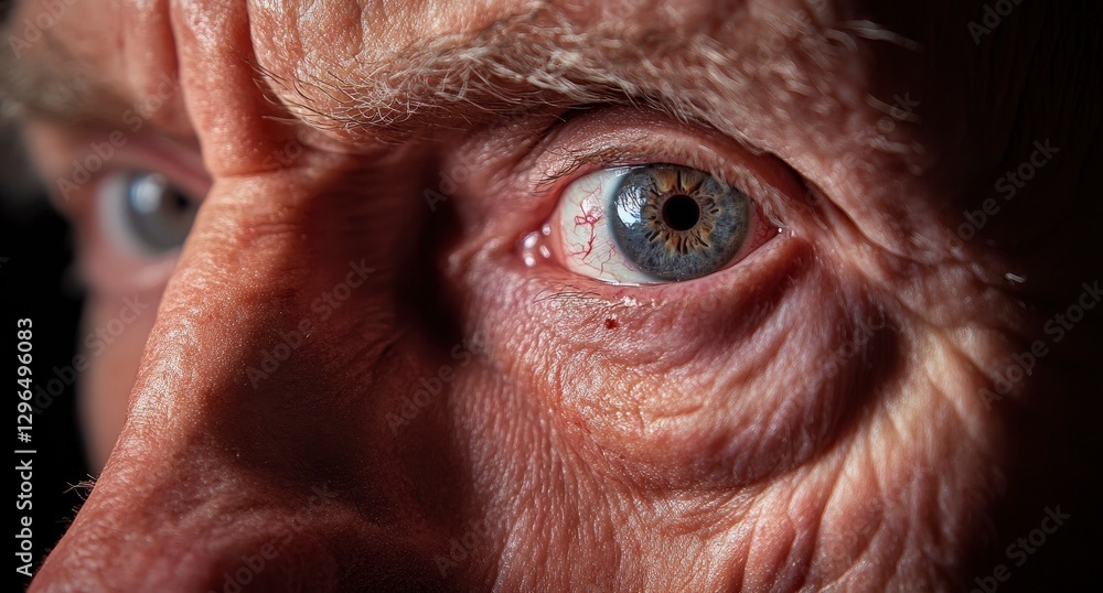 Close-up of the eyes and face, focusing on the wrinkles around them. The subject is an elderly man with blue-gray eyes. Close-up of the eyes and face, focusing on the wrinkles around them. The subject is an elderly man with blue-gray eyes.