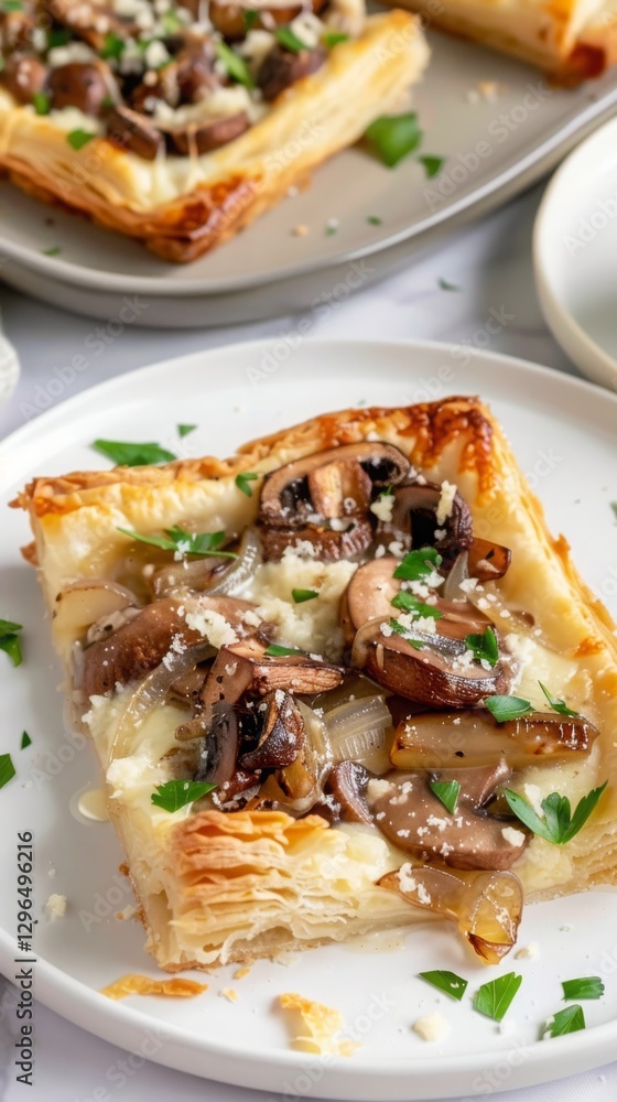 Savory open pie with mushrooms, caramelized onions, and parmesan served on a white plate Savory open pie with mushrooms, caramelized onions, and parmesan served on a white plate