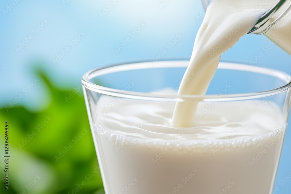 A close-up of fresh milk being poured into a transparent glass with splashes A close-up of fresh milk being poured into a transparent glass with splashes