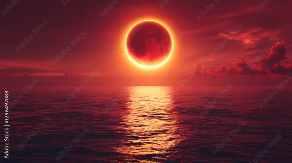 Crimson planet eclipse over ocean sunset, fiery sky. Eclipsed Sun Over Ocean. Illustration Crimson planet eclipse over ocean sunset, fiery sky. Eclipsed Sun Over Ocean. Illustration