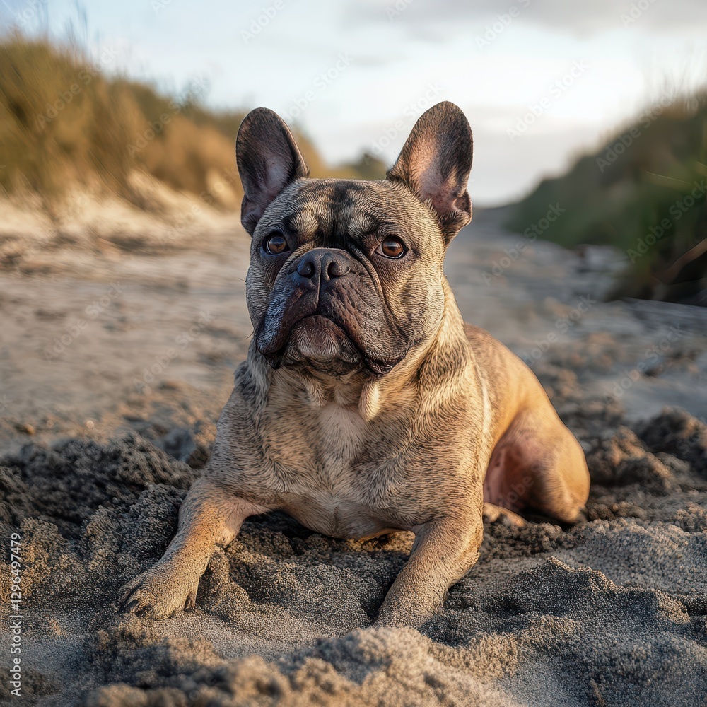 French bulldog relaxing on sandy beach in sunset French bulldog relaxing on sandy beach in sunset