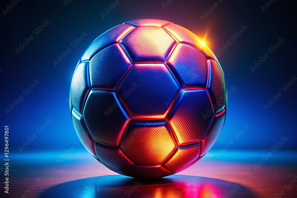 Naklejka premium Glowing Neon Soccer Ball, Deep Blue Background - Elegant Sports Photography