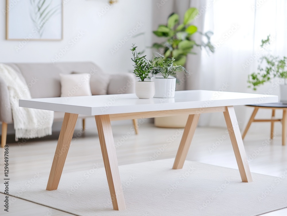 Fototapeta premium Bright white rectangular wooden table with soft overhead lighting and blurred minimalist home office background featuring desk, bookshelf, and plants 