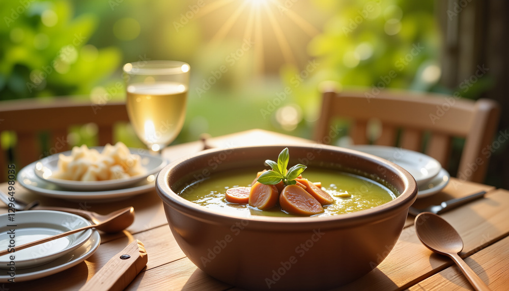 Vibrant caldo verde soup in serene outdoor setting at golden hour, culinary delight Vibrant caldo verde soup in serene outdoor setting at golden hour, culinary delight
