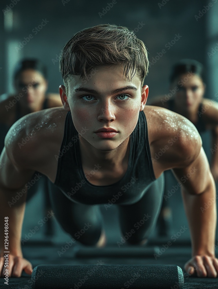 Fototapeta premium Fit young people doing pushups in a gym looking focused