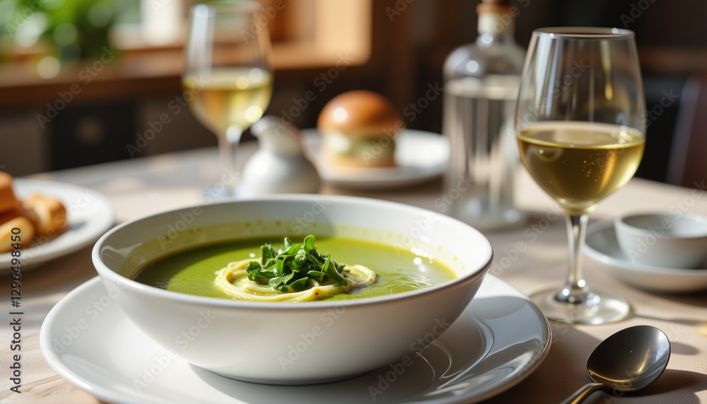 Elegant soup display with caldo verde in chic dining space, sophistication
