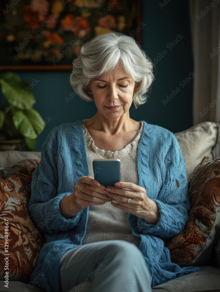 Relaxed mature old 60s woman, older middle aged female customer holding smartphone using mobile app, texting message, search ecommerce offers on cell phone technology device sitting on couch at home. Relaxed mature old 60s woman, older middle aged female customer holding smartphone using mobile app, texting message, search ecommerce offers on cell phone technology device sitting on couch at home.