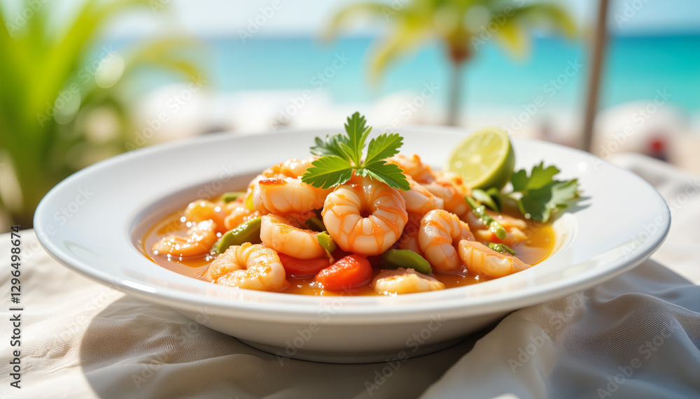Vibrant shrimp soup garnished with lime by tropical beach, culinary delight Vibrant shrimp soup garnished with lime by tropical beach, culinary delight