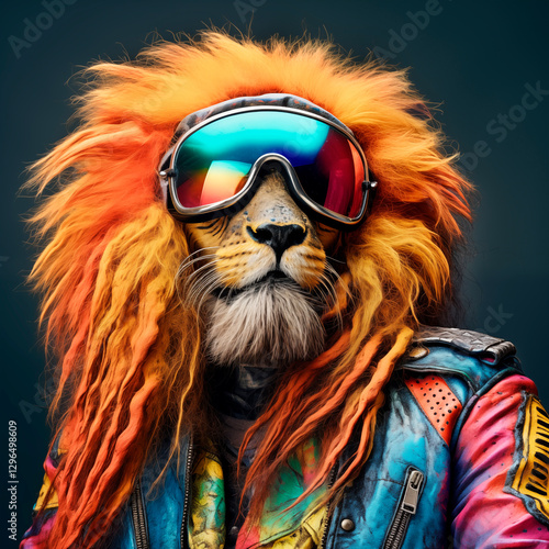 lion with an orange mane in biker clothes and motorcycle glasses