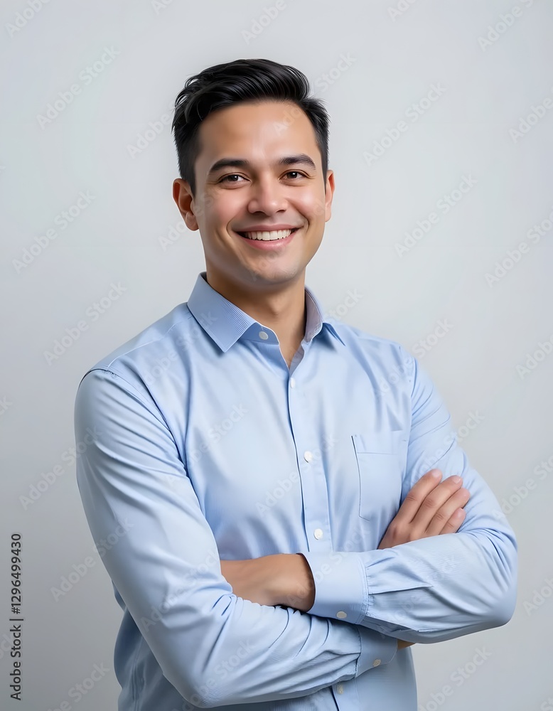 Smiling young man in blue shirt with arms crossed against gray background Smiling young man in blue shirt with arms crossed against gray background