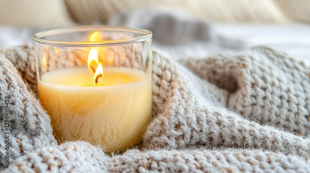 Cozy candle on knitted blanket Cozy candle on knitted blanket