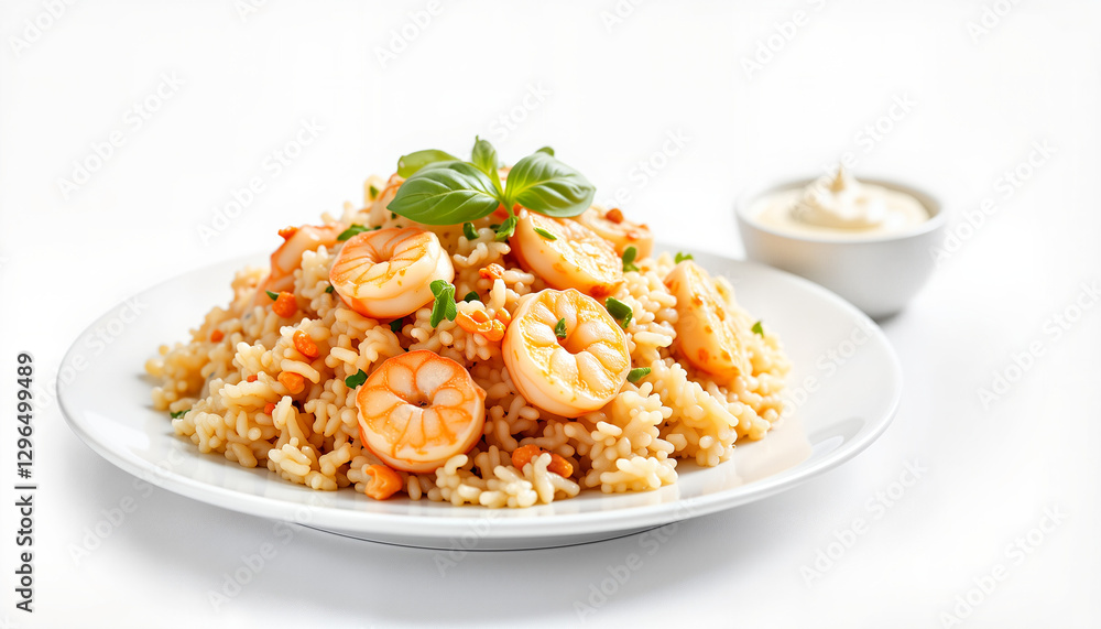 Appetizing Com tam with shrimp on white plate, culinary elegance Appetizing Com tam with shrimp on white plate, culinary elegance