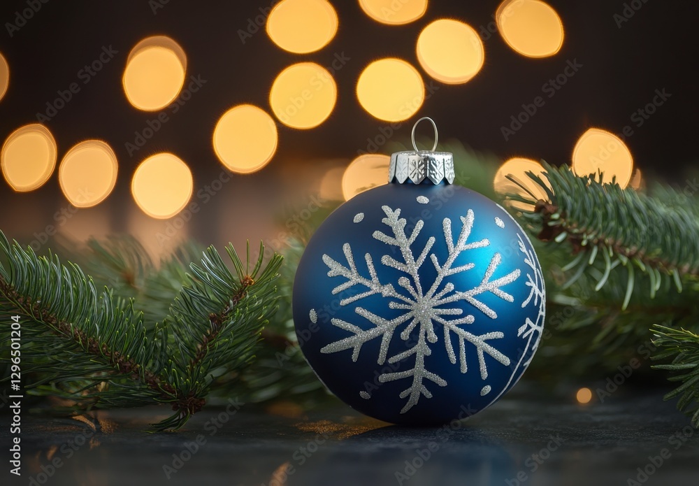 Christmas Blue Ornament with Snowflake on Pine Branches and Lights Christmas Blue Ornament with Snowflake on Pine Branches and Lights