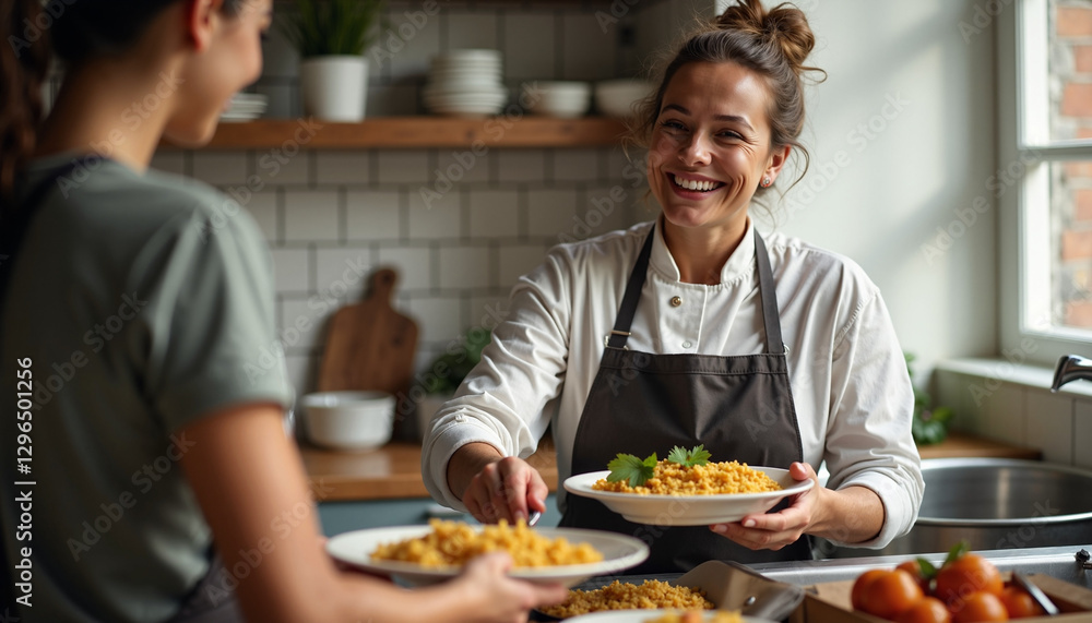 Smiling chef serving pasta to a woman in a cozy kitchen Smiling chef serving pasta to a woman in a cozy kitchen
