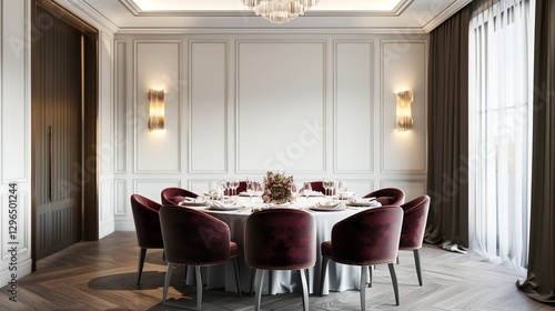 A fine-dining private room with a luxurious round table, velvet chairs, and dim lighting, positioned neatly on a bright white backdrop in high-resolution detail.