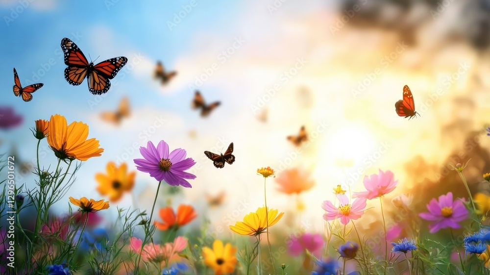 A wildflower meadow bursting with color, bees and butterflies dancing in the warm breeze, peaceful and picturesque summer scene A wildflower meadow bursting with color, bees and butterflies dancing in the warm breeze, peaceful and picturesque summer scene
