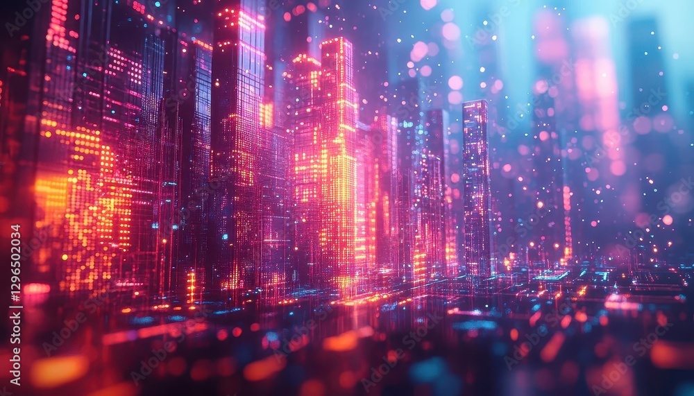 Obraz premium An urban landscape with glowing holographic buildings and neon-lit streets, blending architecture with technology, Cyberpunk, 3D Render, Cool tones