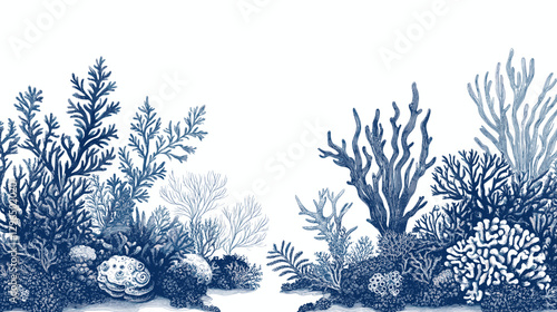 Corals and seaweed. Vector Hand Drawn Coral Sketch Botanical Illustration. Underwater flora, sea plants. Line art clipart. Vintage pink and blue marine plants isolated on a white background