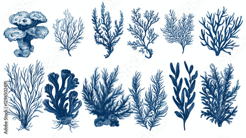 Corals and seaweed. Vector Hand Drawn Coral Sketch Botanical Illustration. Underwater flora, sea plants. Line art clipart. Vintage pink and blue marine plants isolated on a white background