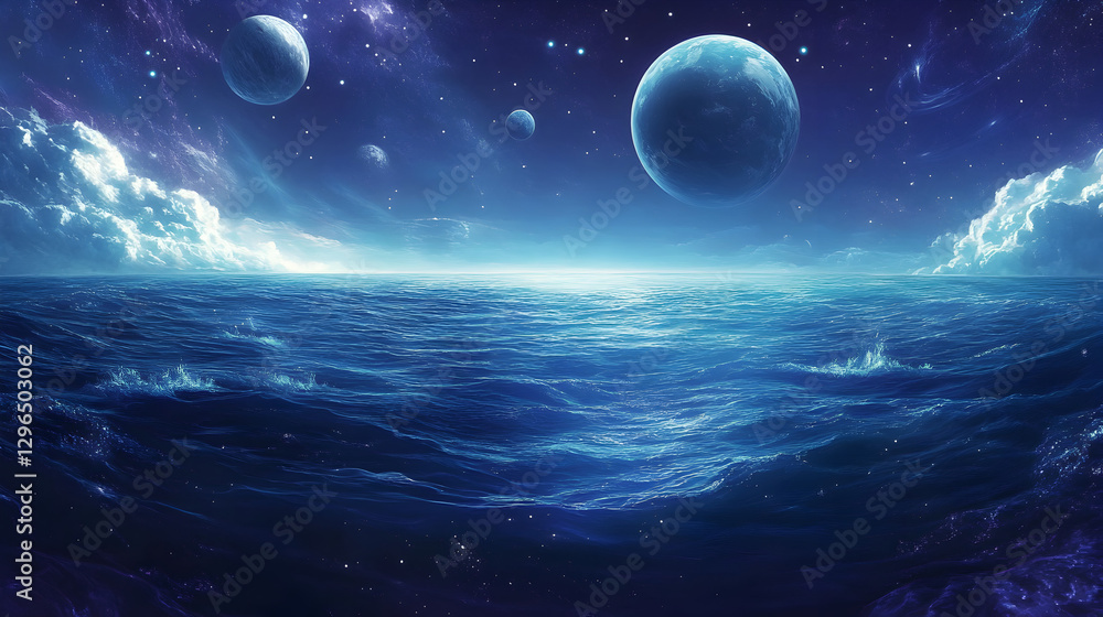 Fototapeta premium blue ocean stretching through space, with planets and moons hovering above the water 
