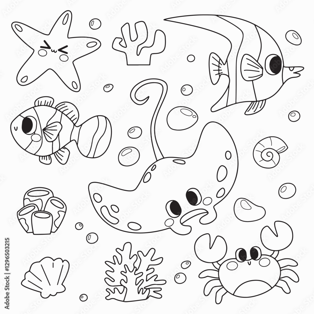 Black and white hand drawn illustration featuring various sea creatures, The underwater scene is adorned with bubbles, making it perfect for coloring pages and marine themed designs. Black and white hand drawn illustration featuring various sea creatures, The underwater scene is adorned with bubbles, making it perfect for coloring pages and marine themed designs.