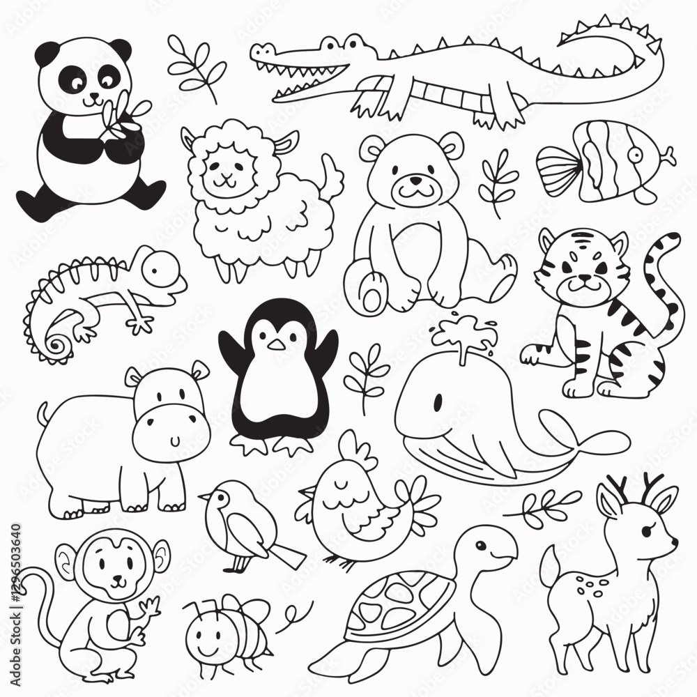 Playful black and white digital line drawing featuring various animals, including a panda, tiger, crocodile, penguin, whale, deer, turtle, and more. Playful black and white digital line drawing featuring various animals, including a panda, tiger, crocodile, penguin, whale, deer, turtle, and more.