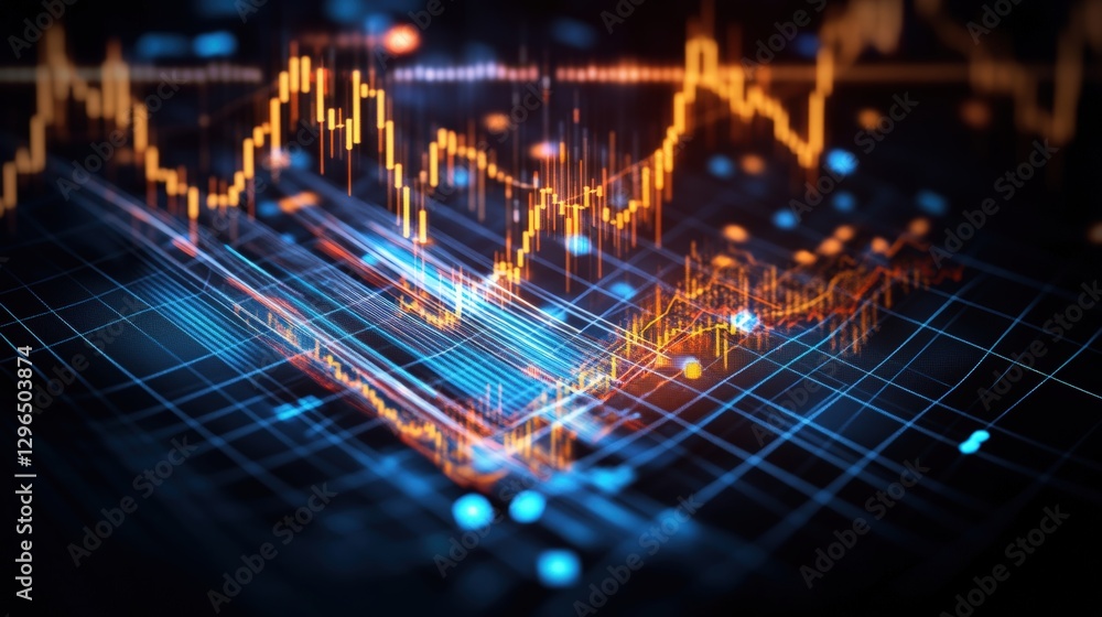 Fototapeta premium Stock market chart with blue and orange background displaying financial trends and data analysis
