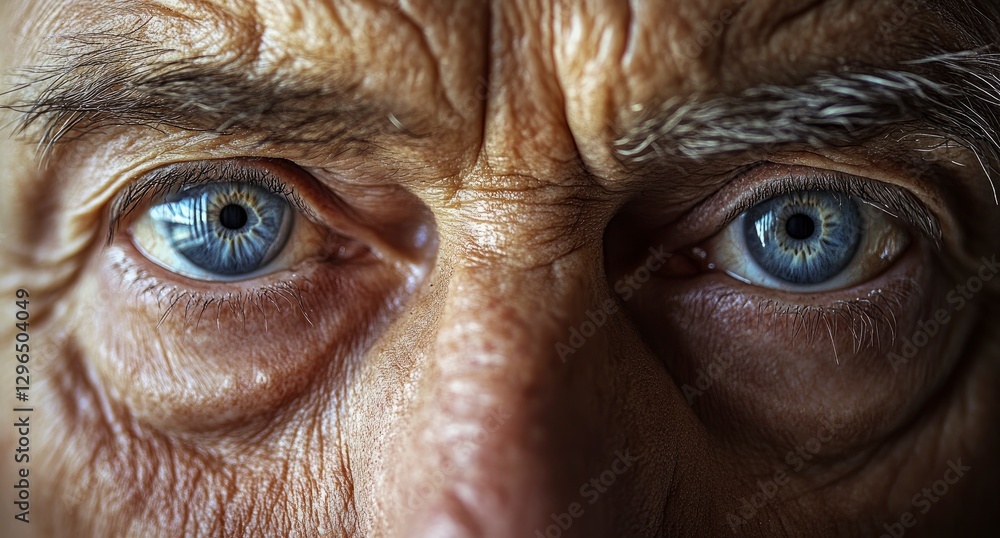 Close-up of the eyes and face, focusing on the wrinkles around them. The subject is an elderly man with blue-gray eyes. Close-up of the eyes and face, focusing on the wrinkles around them. The subject is an elderly man with blue-gray eyes.