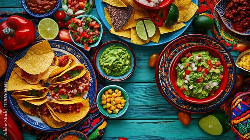 Wallpaper Mural Festive mexican feast with tacos, guacamole, and salsas on colorful table for cinco de mayo, celebrating mexican culture Torontodigital.ca