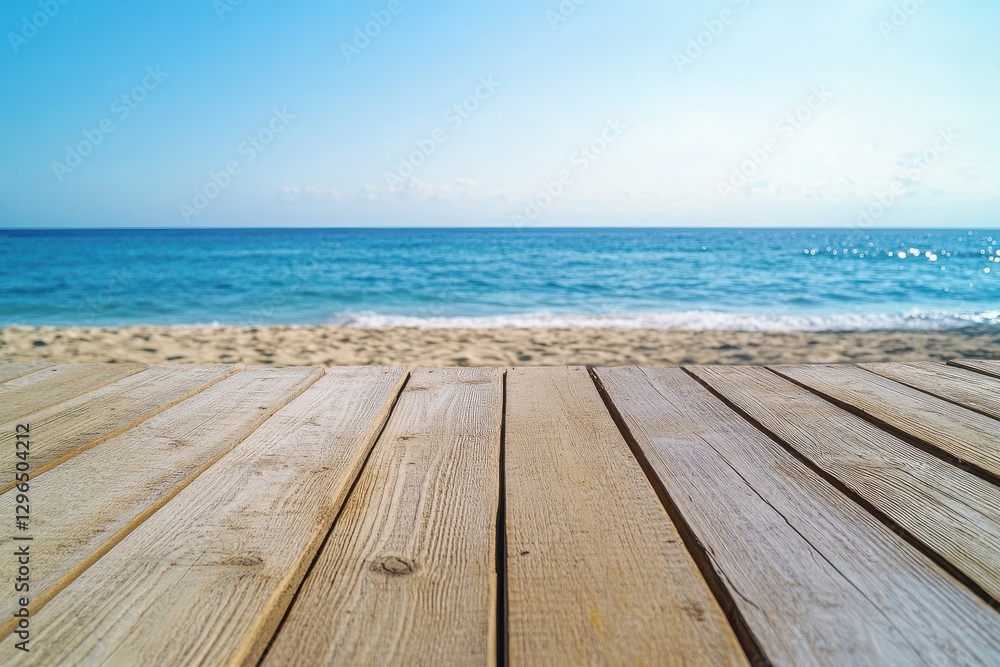 Wooden board on smooth sand showcasing summer essentials with tranquil ocean view and bright blue sky in background Wooden board on smooth sand showcasing summer essentials with tranquil ocean view and bright blue sky in background