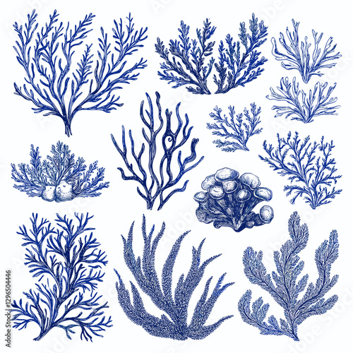 Corals and seaweed. Vector Hand Drawn Coral Sketch Botanical Illustration. Underwater flora, sea plants. Line art clipart. Vintage pink and blue marine plants isolated on a white background