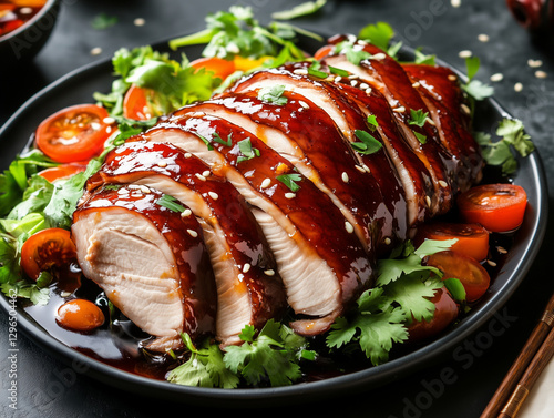 Sliced roasted chicken breast with teriyaki sauce and cherry tomatoes photo