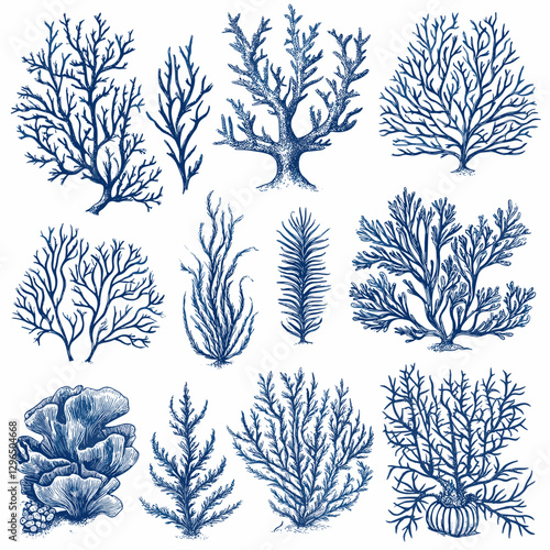 Corals and seaweed. Vector Hand Drawn Coral Sketch Botanical Illustration. Underwater flora, sea plants. Line art clipart. Vintage pink and blue marine plants isolated on a white background