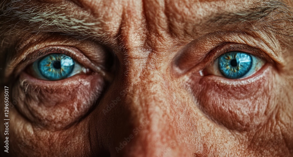 Close-up of the eyes and face, focusing on the wrinkles around them. The subject is an elderly man with blue-gray eyes. Close-up of the eyes and face, focusing on the wrinkles around them. The subject is an elderly man with blue-gray eyes.