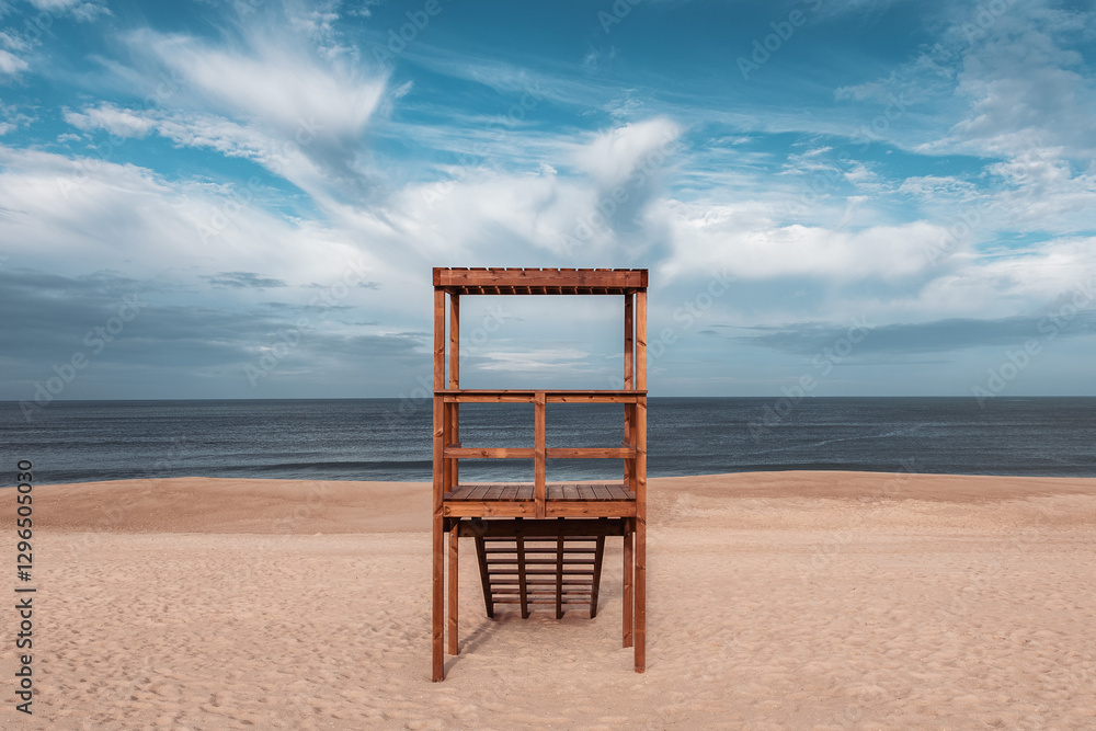 A wooden lifeguard tower stands on a sandy beach, facing the calm ocean under a vast blue sky with wispy clouds. Peaceful and minimalist coastal scene. Shot in Portugal A wooden lifeguard tower stands on a sandy beach, facing the calm ocean under a vast blue sky with wispy clouds. Peaceful and minimalist coastal scene. Shot in Portugal