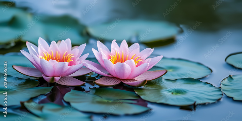 Beautiful pink water lilies floating on serene pond surface Beautiful pink water lilies floating on serene pond surface
