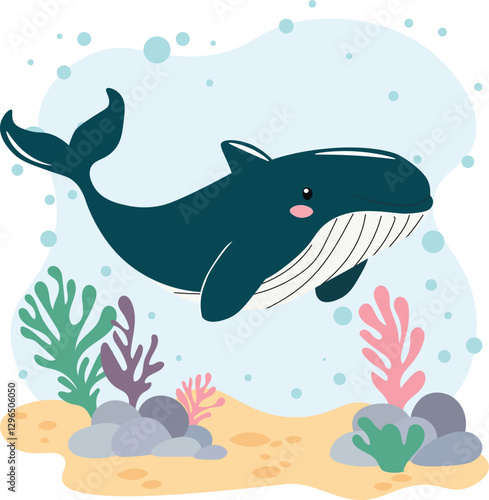 Cute whale against the background of the sea. Postcard, sticker. Children's educational material