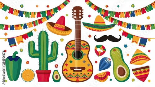 Vibrant mexican fiesta elements with guitar, sombreros, maracas, avocados, peppers, and papel picado - cinco de mayo, mexican culture