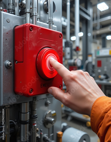 a hand pressing a red emergency stop button in an industrial setting, ensuring safety in the workplace with surrounding machinery blurred.