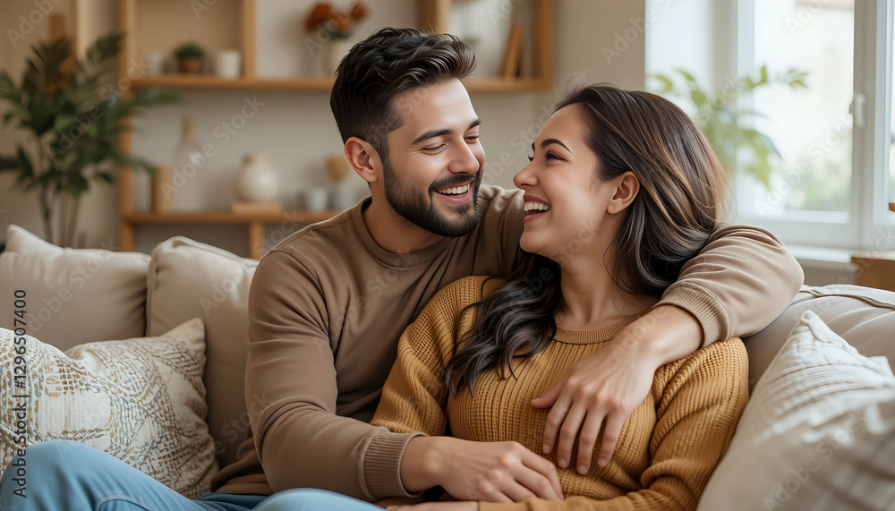 A cheerful and attractive couple in love sits on a cozy couch at home, hugging and laughing. The happy husband embraces his wife from behind, creating a warm and affectionate moment. A cheerful and attractive couple in love sits on a cozy couch at home, hugging and laughing. The happy husband embraces his wife from behind, creating a warm and affectionate moment.
